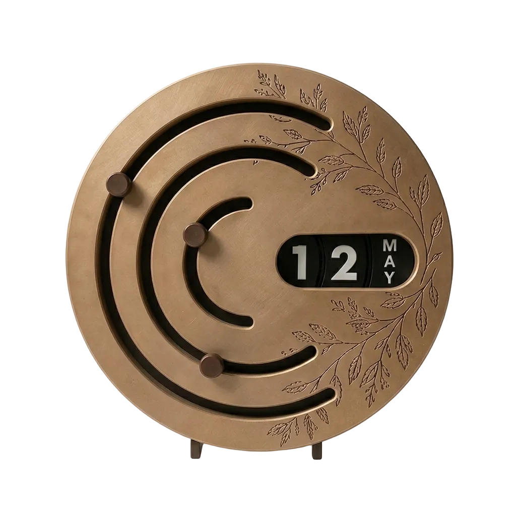 A round, disc-shaped desk clock with a brushed bronze finish, featuring an engraved leaf pattern, winding track design, and a black date window showing 12 MAY. It is supported by two small metal legs on a clean white background.
