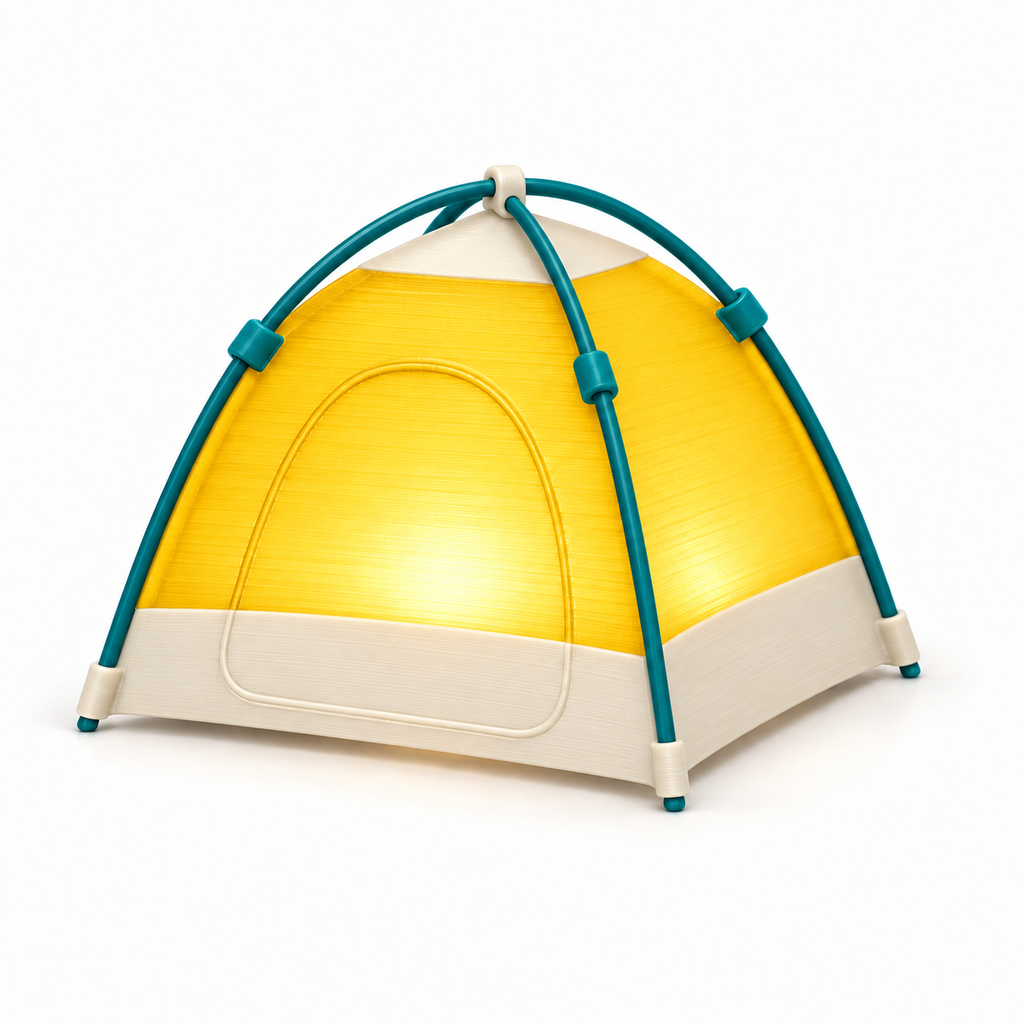 A miniature dome-shaped camping lantern styled like a tent, featuring a bright yellow illuminated front, cream-colored fabric sides, and teal metal support poles, shown on a clean white background.