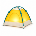 A miniature dome-shaped camping lantern styled like a tent, featuring a bright yellow illuminated front, cream-colored fabric sides, and teal metal support poles, shown on a clean white background.