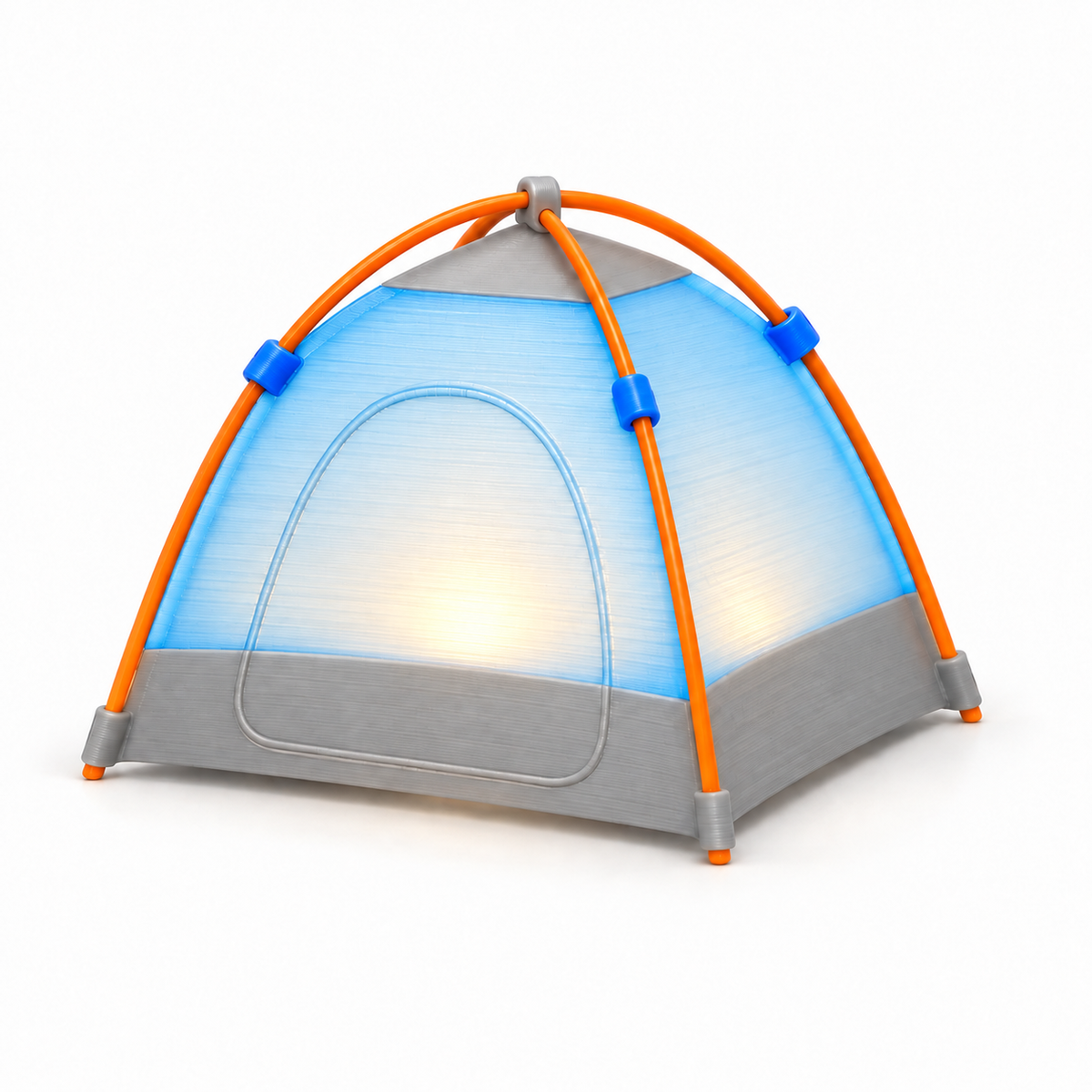 A dome-style camping tent with gray fabric walls, orange support poles, and blue connector clips, shown lit from within on a clean white background.