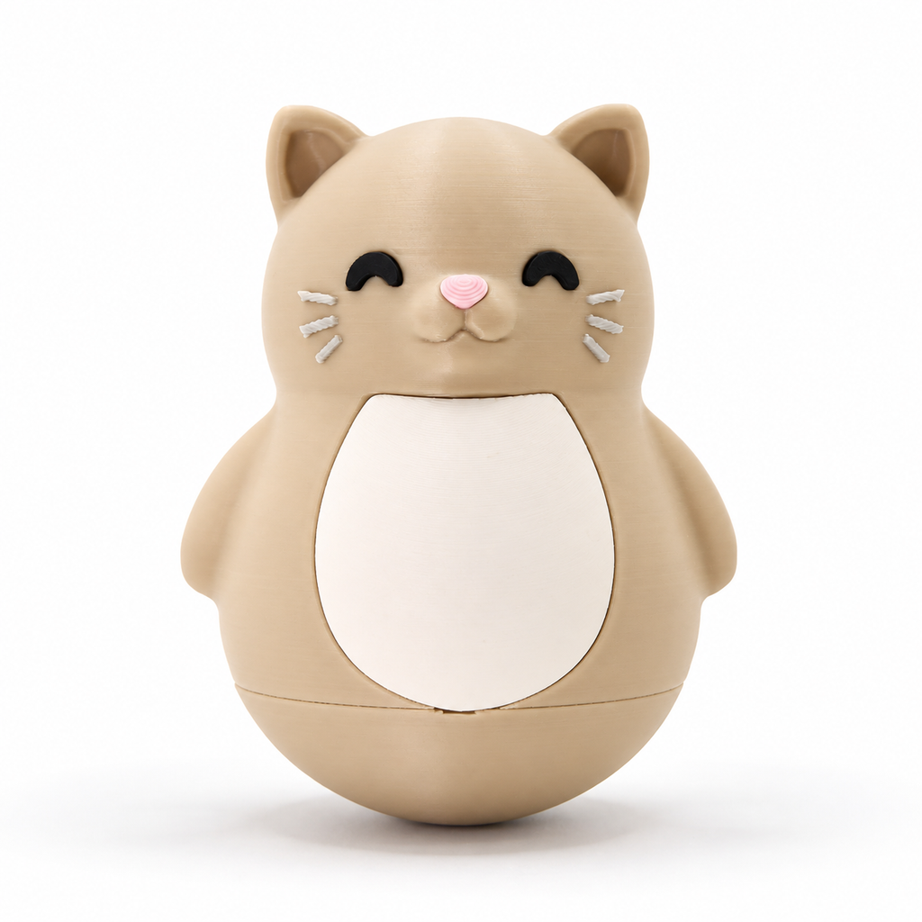 A cute, rounded cat-shaped container or toy in a warm beige/tan color, featuring a white belly panel, black closed eyes, a small pink nose, and white whiskers, set against a clean white background.