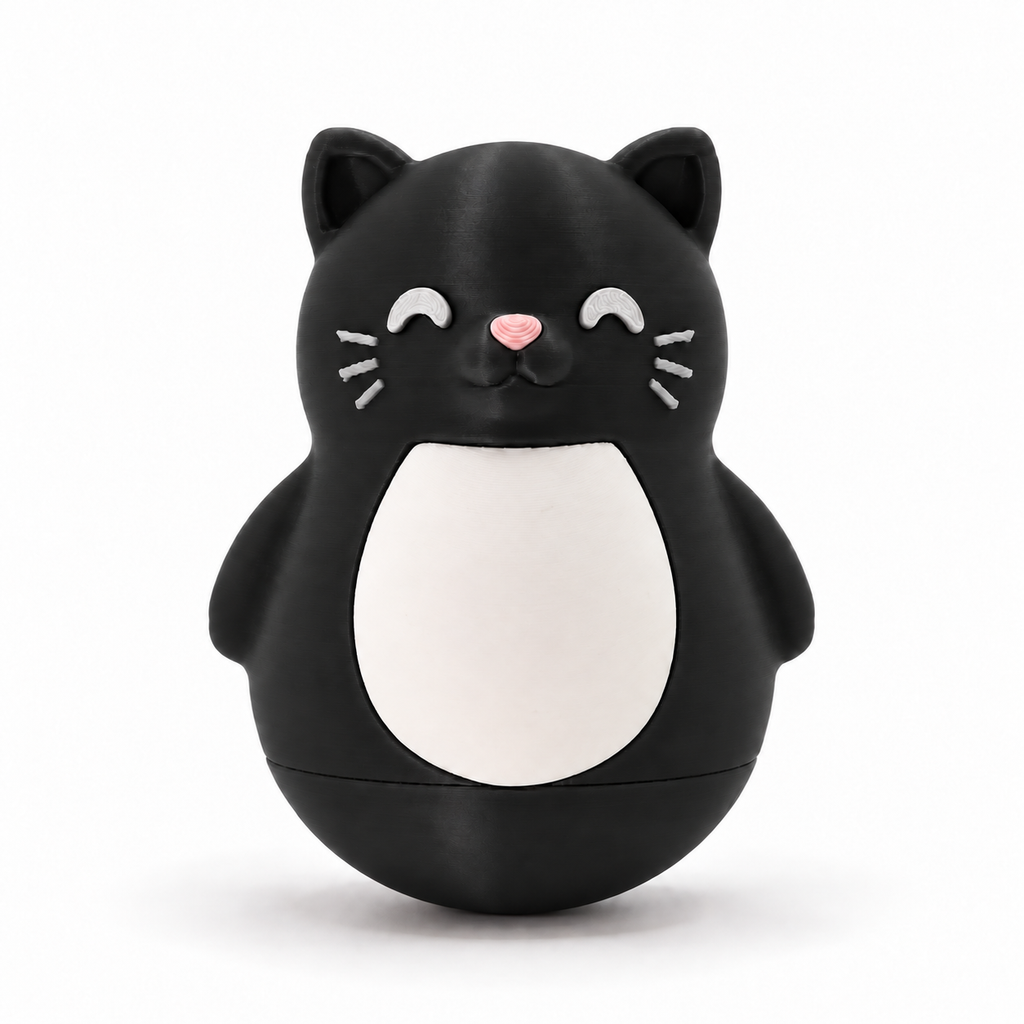 A black cat-shaped container or toy with a white belly, pink nose, and white whiskers, photographed on a clean white background.