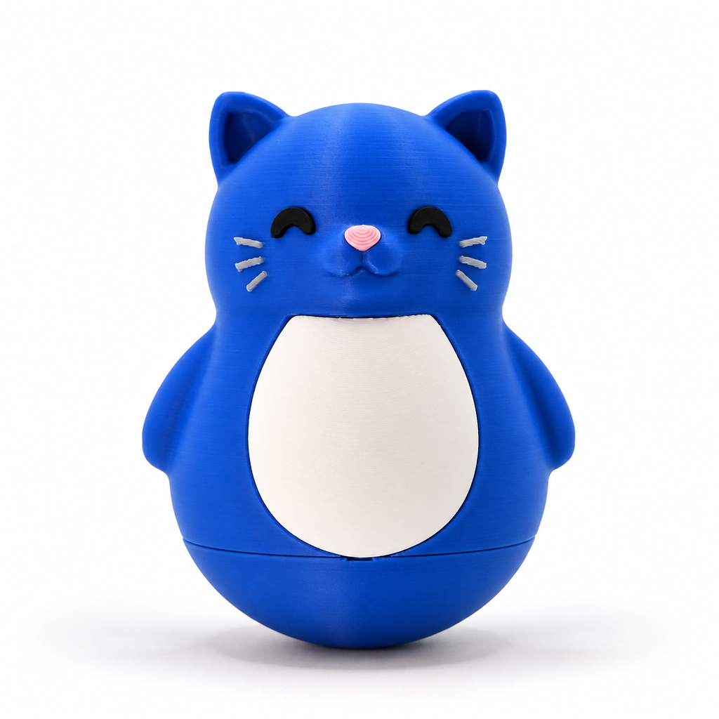 A blue cat-shaped balancing toy with a white belly, pink nose, and black eyes, shown on a clean white background.