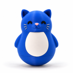 A blue cat-shaped balancing toy with a white belly, pink nose, and black eyes, shown on a clean white background.