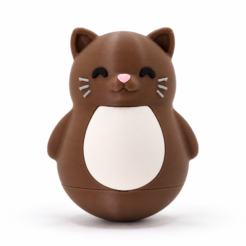 A cute, rounded brown cat-shaped container or toy with a white belly, pink nose, and black eyes, shown on a clean white background.