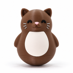 A cute, rounded brown cat-shaped container or toy with a white belly, pink nose, and black eyes, shown on a clean white background.