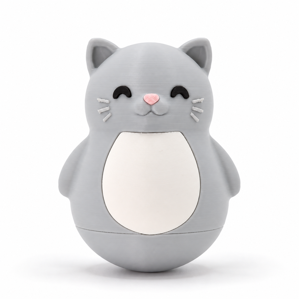A gray cat-shaped container or toy with a white belly panel, black eyes, a pink nose, and white whiskers, photographed on a clean white background.
