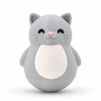 A gray cat-shaped container or toy with a white belly panel, black eyes, a pink nose, and white whiskers, photographed on a clean white background.