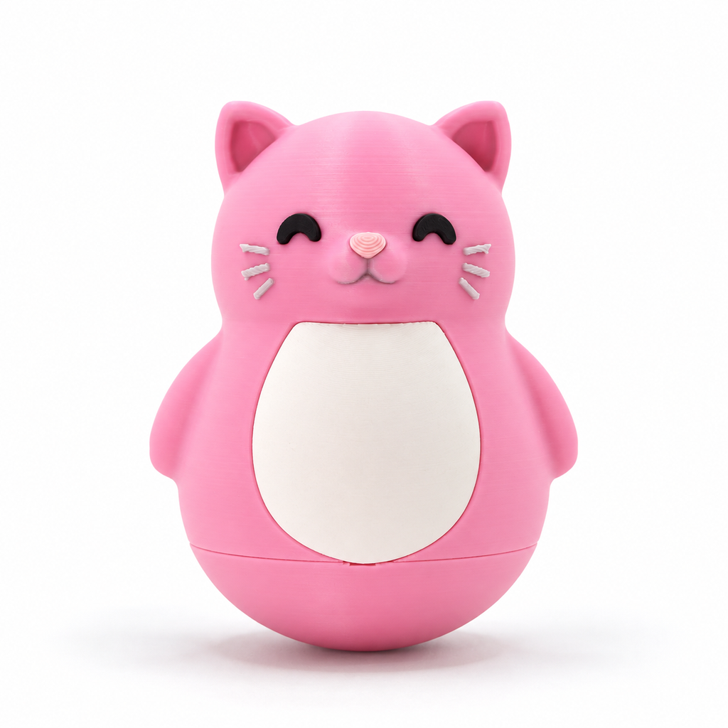 A pink cat-shaped container or toy with a white belly panel, photographed on a clean white background.