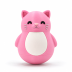 A pink cat-shaped container or toy with a white belly panel, photographed on a clean white background.