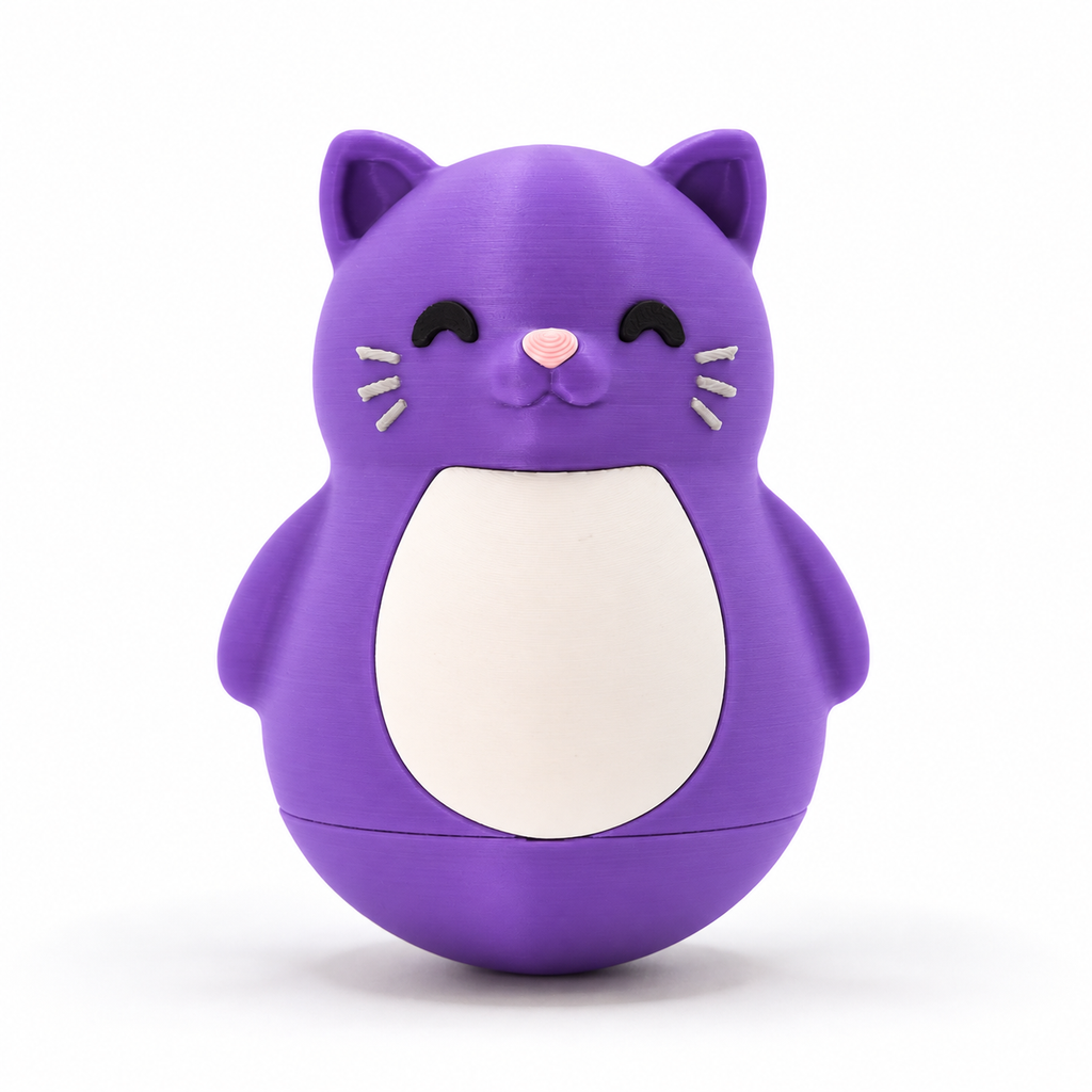 A purple cat-shaped container or toy with a white belly panel, black closed eyes, a small pink nose, and white whiskers, photographed on a clean white background.