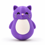 A purple cat-shaped container or toy with a white belly panel, black closed eyes, a small pink nose, and white whiskers, photographed on a clean white background.