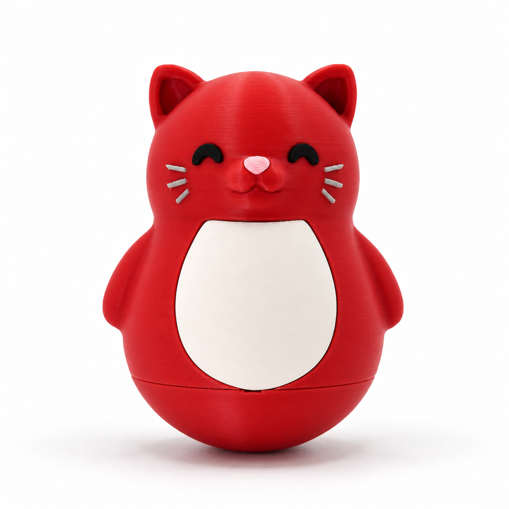 A red cat-shaped container or toy with a white belly panel, black closed eyes, a small pink nose, and gray whiskers, centered on a white background.