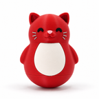 A red cat-shaped container or toy with a white belly panel, black closed eyes, a small pink nose, and gray whiskers, centered on a white background.