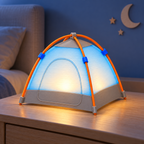 A miniature folding camping tent night light with a glowing blue and warm yellow interior, set on a wooden nightstand in a bedroom.