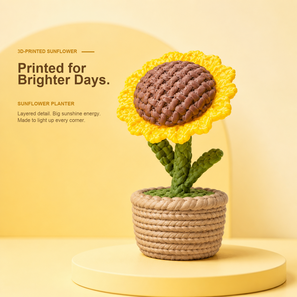 A crocheted sunflower planter in a woven pot, displayed on a round pedestal with promotional text on a warm yellow background.