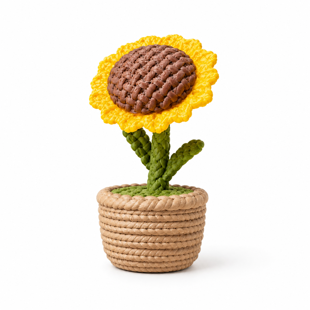 A crocheted sunflower plant in a small woven pot, photographed on a clean white background.