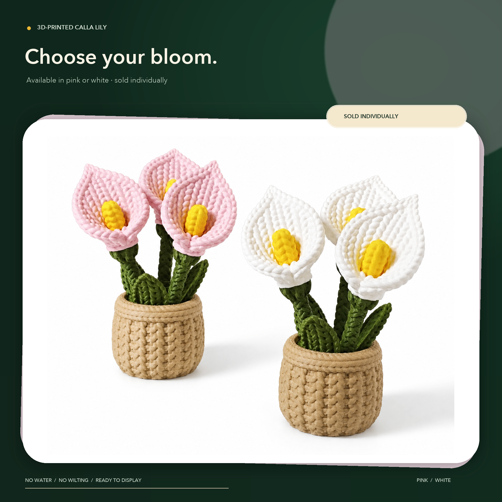 Two crocheted calla lily bouquets in woven beige pots, shown on a white card with dark green background. One bouquet is pink and one is white, both with yellow centers and green stems.