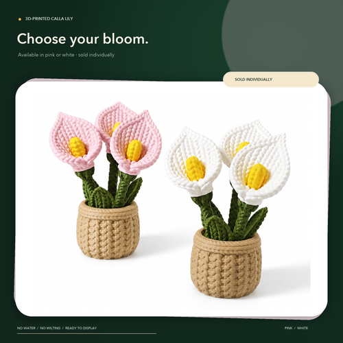 Two crocheted calla lily bouquets in woven beige pots, shown on a white card with dark green background. One bouquet is pink and one is white, both with yellow centers and green stems.
