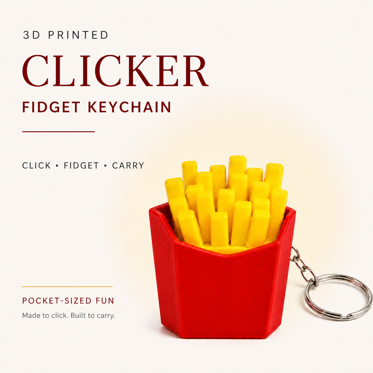 A 3D printed fidget keychain shaped like a red container of french fries with yellow sticks, shown on a light beige background with promotional text.