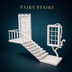 White miniature fairy stairs and window set displayed on a dark blue starry background with gold text reading 'FAIRY STAIRS' at the top.