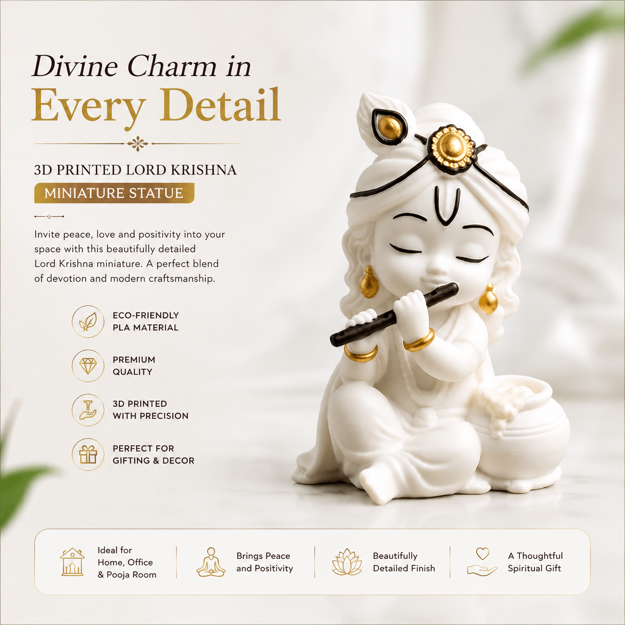 Premium 3D Printed Lord Krishna Miniature Statue for Home Decor and Gifting