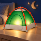 A small dome-shaped camping tent lamp with a green illuminated canopy, orange frame, and white base, placed on a wooden bedside table in a bedroom setting.
