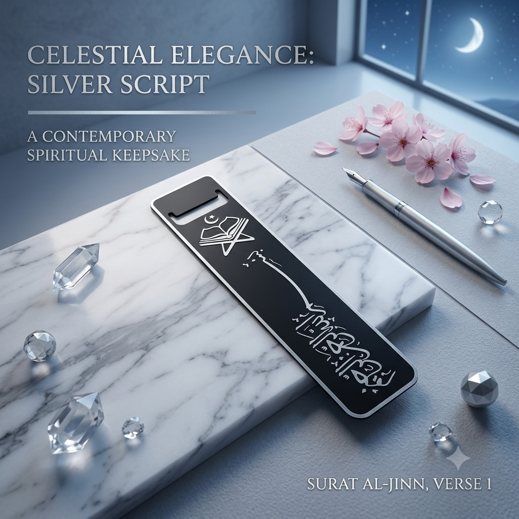 A black rectangular script keepsake plaque with white Arabic calligraphy and a silver pen, styled on a white marble slab with pink cherry blossoms, clear gemstones, and a window view of a night sky. Text on the image reads 'CELESTIAL ELEGANCE: SILVER SCRIPT' and 'SURAT AL-JINN, VERSE 1'.