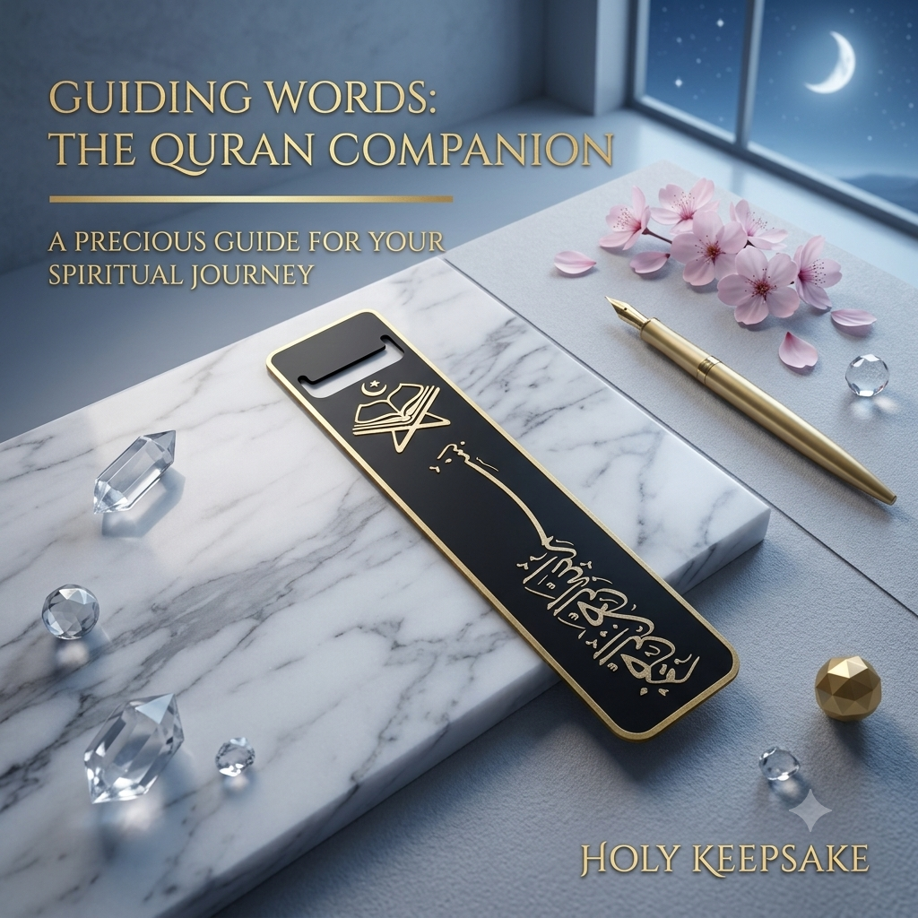 A black and gold Holy Keepsake Quran companion bookmark with Arabic calligraphy, displayed on a marble slab with pink cherry blossoms, a gold pen, and clear crystals under a night sky window.
