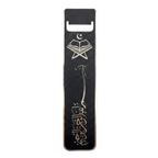 A black metal Islamic bookmark featuring engraved silver designs, including the book with a crescent and star, a giraffe, and Arabic calligraphy, shown on a plain white background.