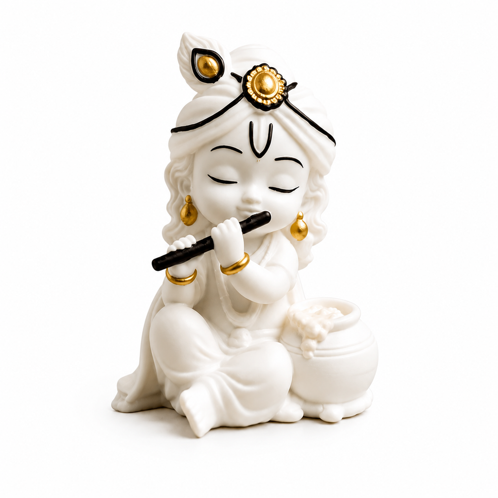 A white 3D Printed figurine of lord krishna with black flute, seated next to a small pot, with gold and black decorative accents on the headpiece and jewellery, set against a plain white background.