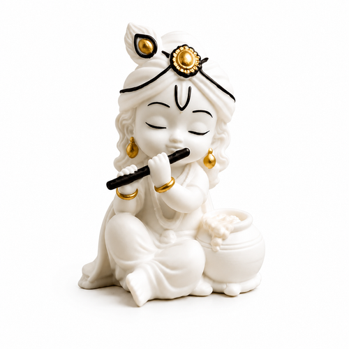 A white 3D Printed figurine of lord krishna with black flute, seated next to a small pot, with gold and black decorative accents on the headpiece and jewellery, set against a plain white background.