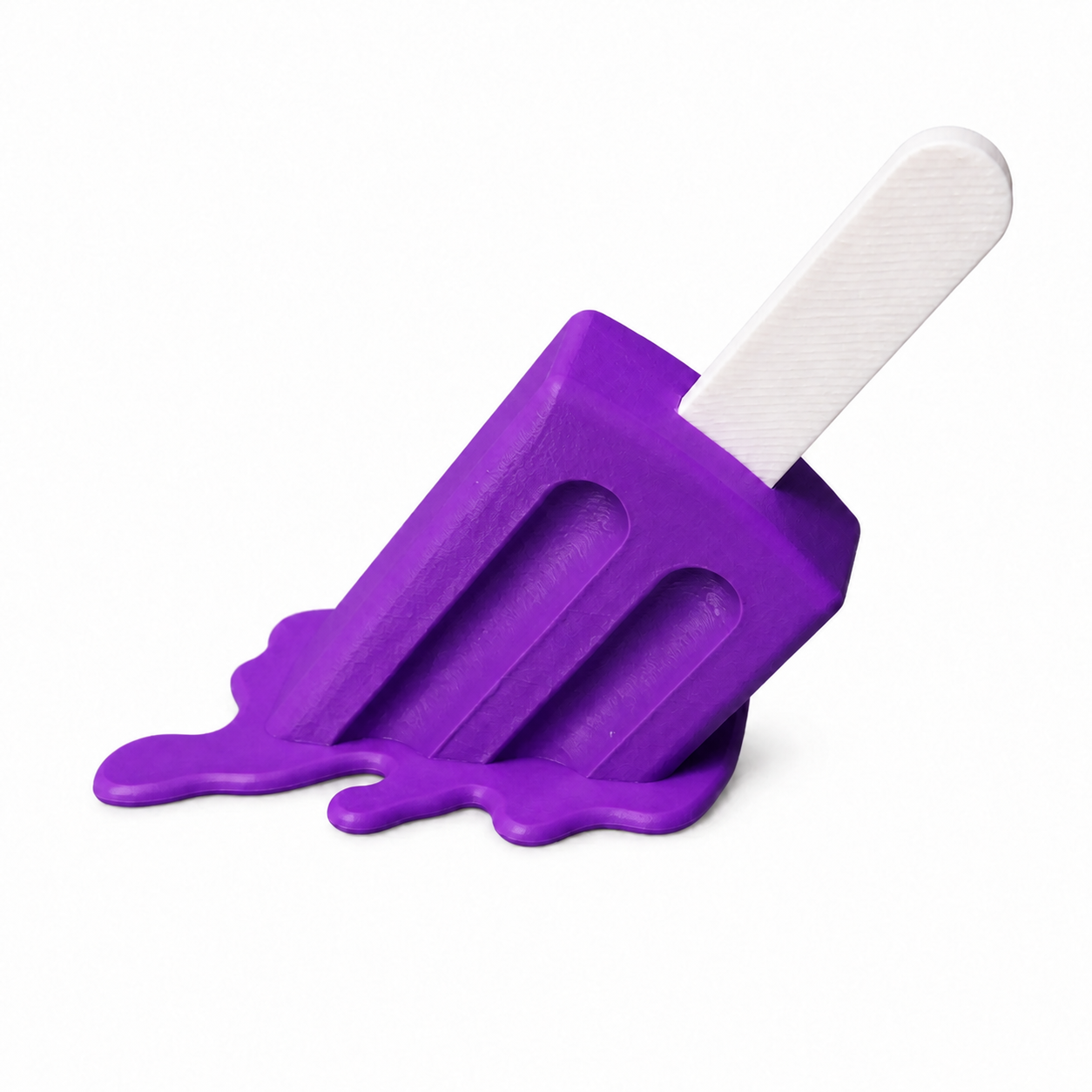 A novelty toy shaped like a melting popsicle, featuring a bright purple body with a dripping effect and a white textured stick, shown on a plain white background.