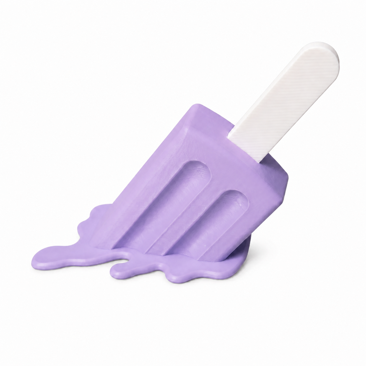 A novelty ice pop mold shaped like a melting lavender popsicle with a white handle, shown on a clean white background.