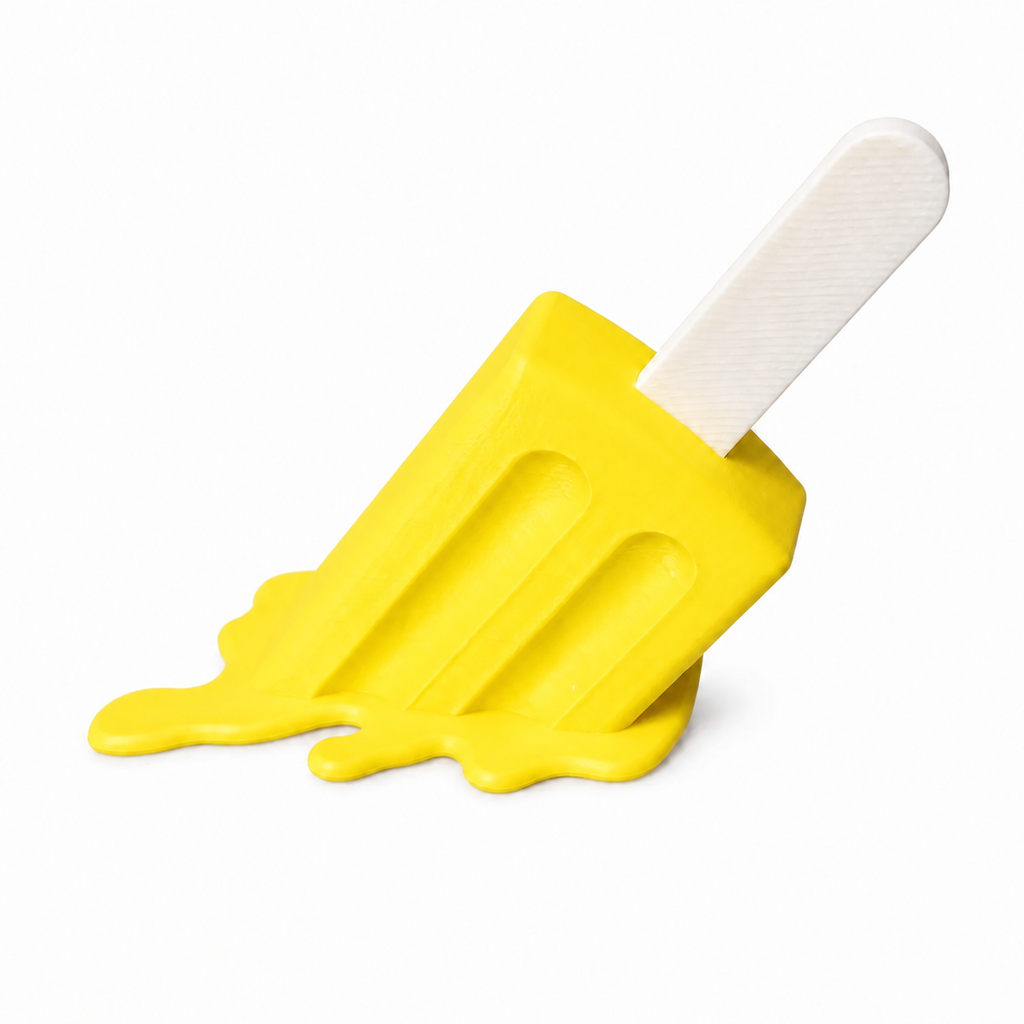 A bright yellow novelty popsicle with a dripping effect and a white textured handle, isolated on a white background.