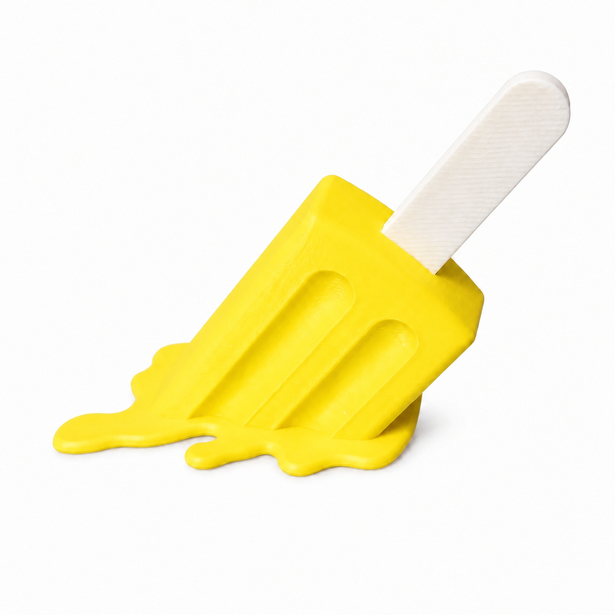 A bright yellow novelty popsicle with a dripping effect and a white textured handle, isolated on a white background.