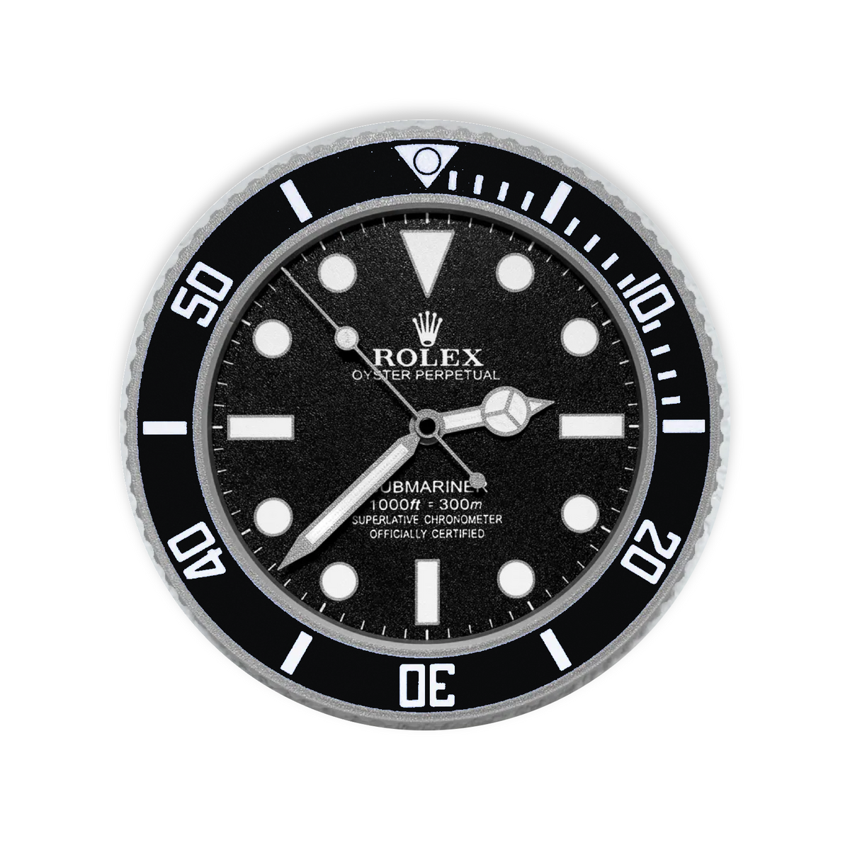A circular wall clock styled as a Rolex Submariner, featuring a black dial and bezel, silver-tone hands and markers, and a textured silver outer bezel, shown against a plain white background.