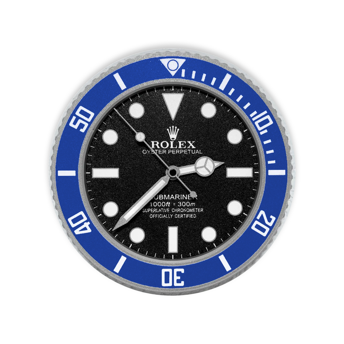 A Rolex Submariner watch dial and bezel combination, featuring a black dial with white hour markers and hands, and a vibrant blue rotating bezel with white markings.