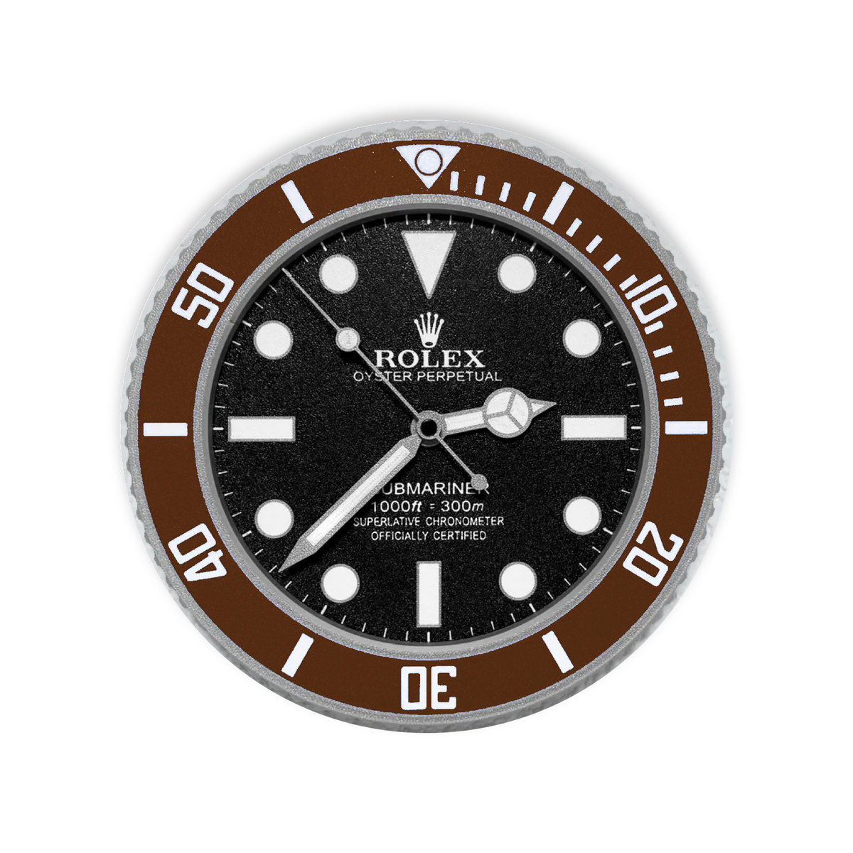 A Rolex Submariner wall clock featuring a brown rotating bezel, black dial, silver-tone hands and markers, and a silver outer bezel, shown against a plain white background.