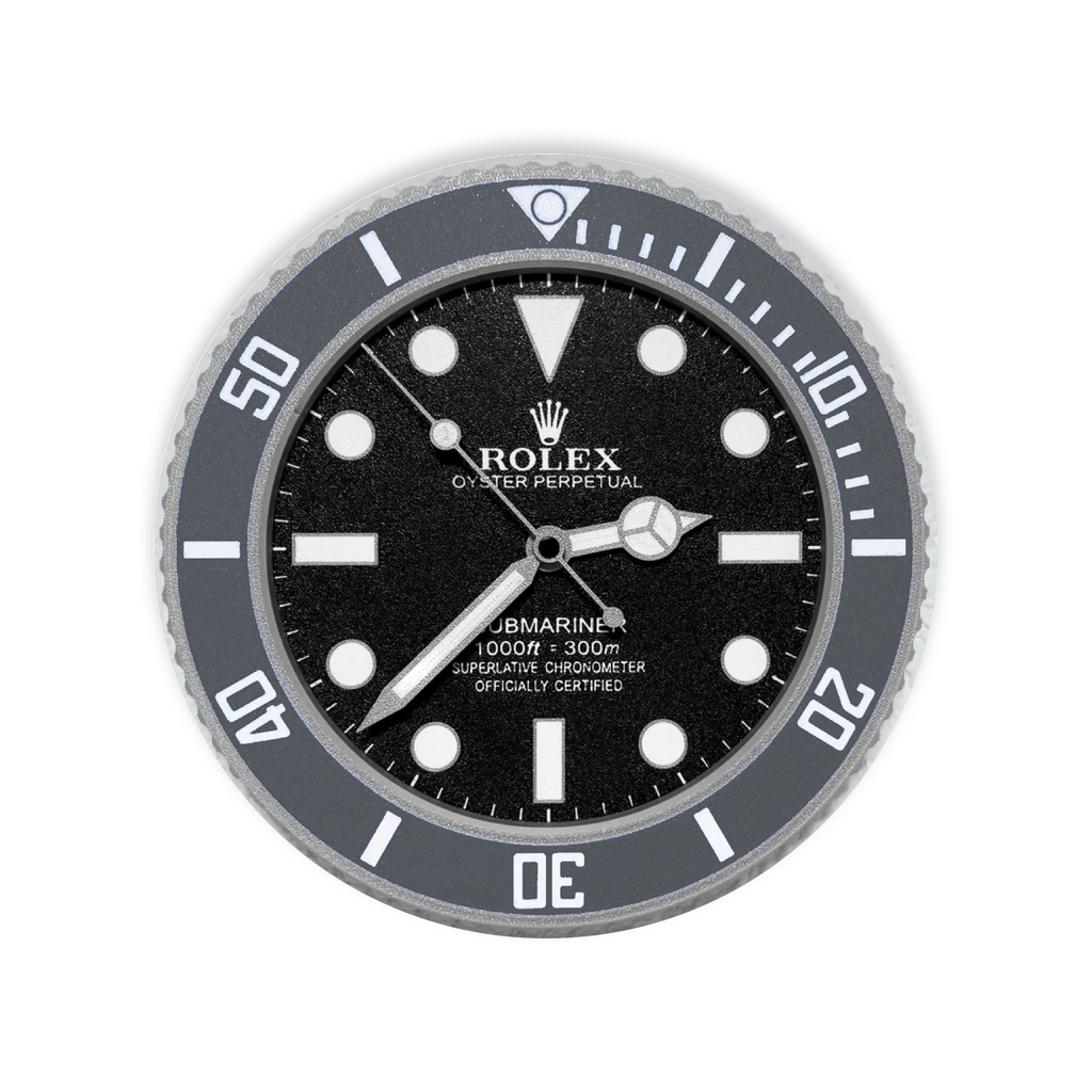 A Rolex Submariner wall clock featuring a black dial, a dark gray rotating bezel with white markings, and silver-tone hands and hour markers.