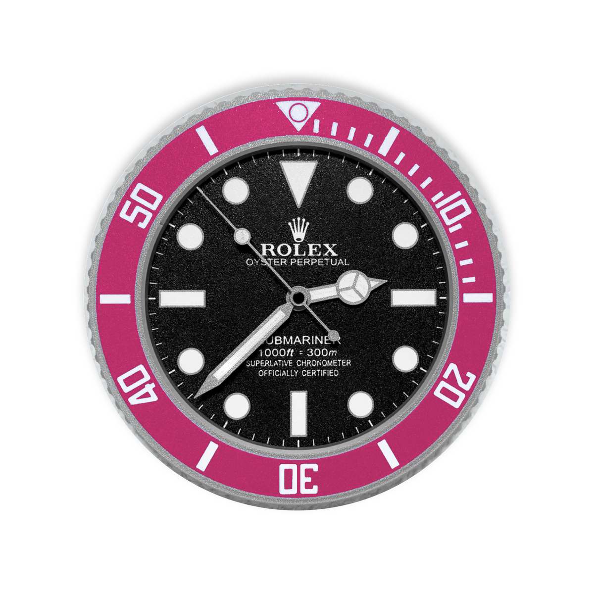 A Rolex Submariner watch dial and bezel combination, featuring a black dial with white markers and hands, and a vibrant pink rotating bezel with white markings.