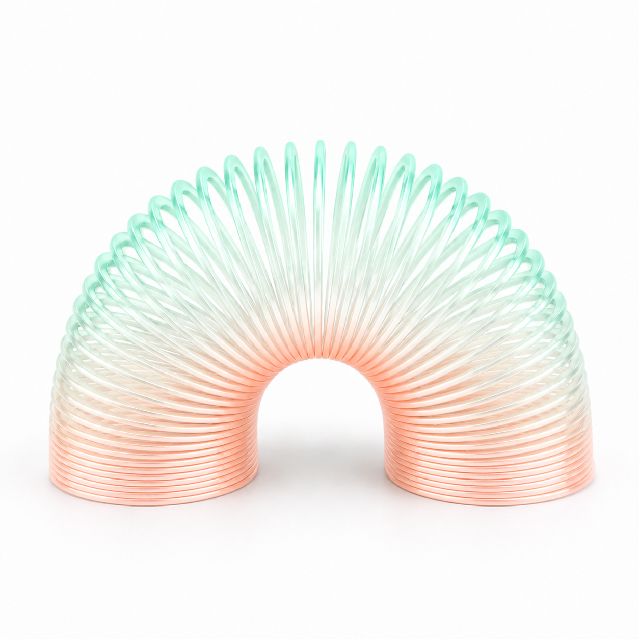 A translucent rainbow-colored elastic slinky toy, featuring a gradient that transitions from mint green at the top to light pink at the bottom, shown on a clean white background.