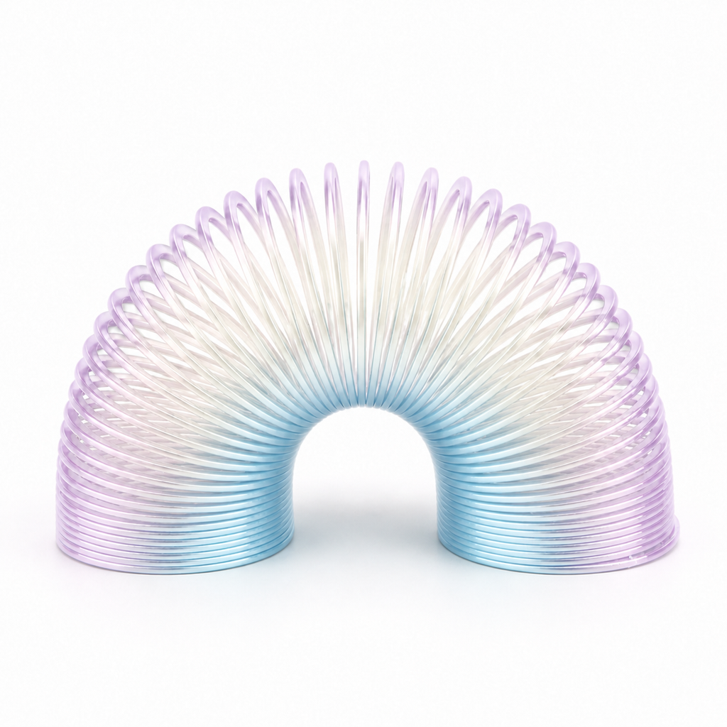 A classic coiled slinky toy with a pastel rainbow gradient transitioning from purple at the top to light blue at the bottom, photographed on a seamless white background.
