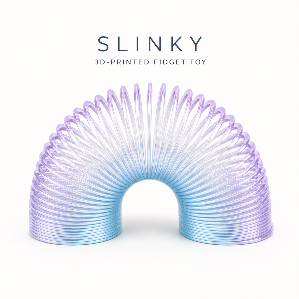 A 3D-printed Slinky fidget toy with a translucent plastic texture, featuring a smooth color gradient from light blue at the bottom to light purple at the top, displayed on a clean white background with text above reading 'SLINKY 3D-PRINTED FIDGET TOY'.