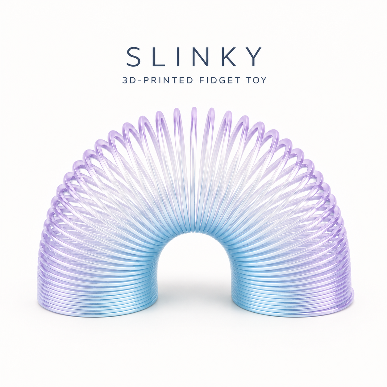 A 3D-printed Slinky fidget toy with a translucent plastic texture, featuring a smooth color gradient from light blue at the bottom to light purple at the top, displayed on a clean white background with text above reading 'SLINKY 3D-PRINTED FIDGET TOY'.