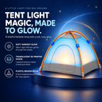 A glowing dome tent displayed on a dark blue studio background with promotional text and feature icons. The tent has a translucent light-blue body with orange support poles and small blue connector accents.