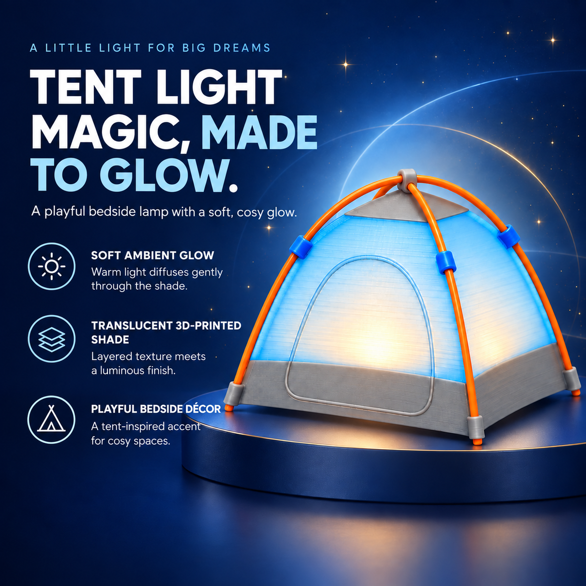 A glowing dome tent displayed on a dark blue studio background with promotional text and feature icons. The tent has a translucent light-blue body with orange support poles and small blue connector accents.