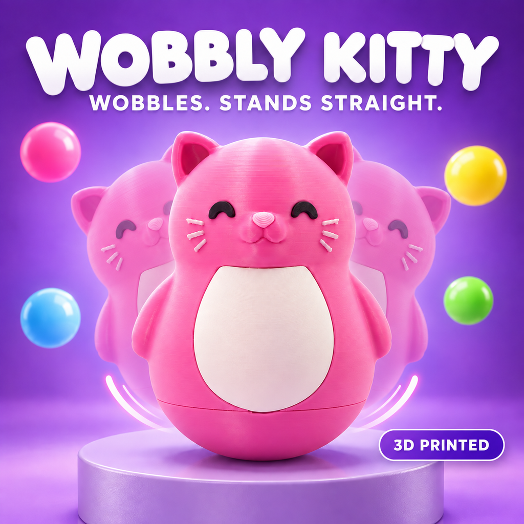 A pink 3D-printed cat-shaped toy or container labeled 'WOBBLY KITTY' on a purple gradient background with floating colored bubbles and the text 'WOBBLES. STANDS STRAIGHT.