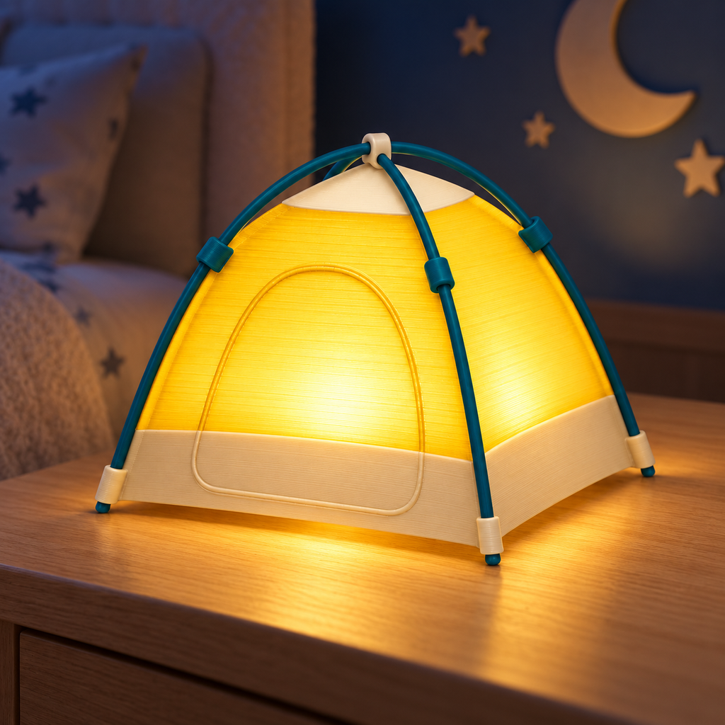 A miniature dome-shaped camping tent lamp glowing warm yellow on a wooden nightstand in a bedroom. The lamp features a white fabric-like body with a teal-blue support frame and stands on small feet.
