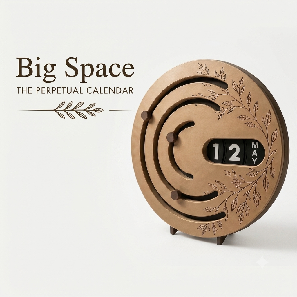 A round wooden perpetual calendar on small metal feet, shown against a light gray background with decorative text reading 'Big Space THE PERPETUAL CALENDAR.' The calendar face is engraved with leaf motifs and displays the date 12 MAY.